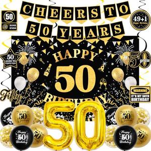 50th Birthday Decorations for Men Women, Black Gold Happy 50th Birthday Party Decorations, Cheers to 50 Years Banner, Foil Balloons 50, Backdrop, 50th Balloons, Hanging Swirl, Birthday Card Set 45pcs