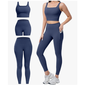 SALSPOR 3 Piece Workout Sets for Women High Waisted Leggings with Pockets Tummy Control Biker Shorts Yoga Sports Bra Size M