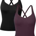 OQQ V Neck Cross Back Sports Bra for Women Padded Adjustable Straps Medium Impact Gym Workout Tank Top 2 Pack, L