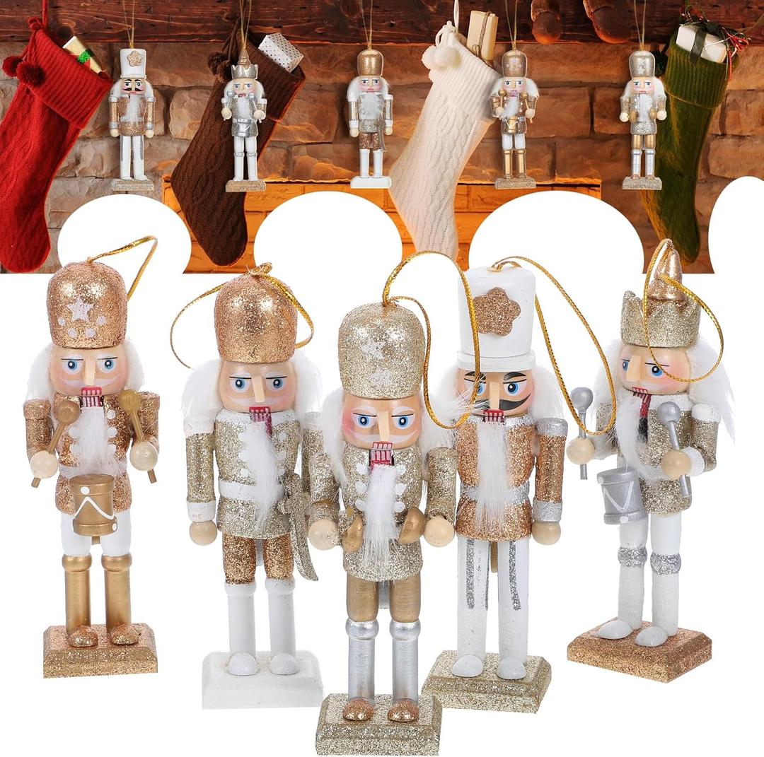 VOSAREA Christmas Nutcracker Ornaments Hanging Soldier Nutcracker Wooden Nutcracker Pendants Glittering Powder Nutcracker Figures Ornament for Party Store Home (White Gold)
