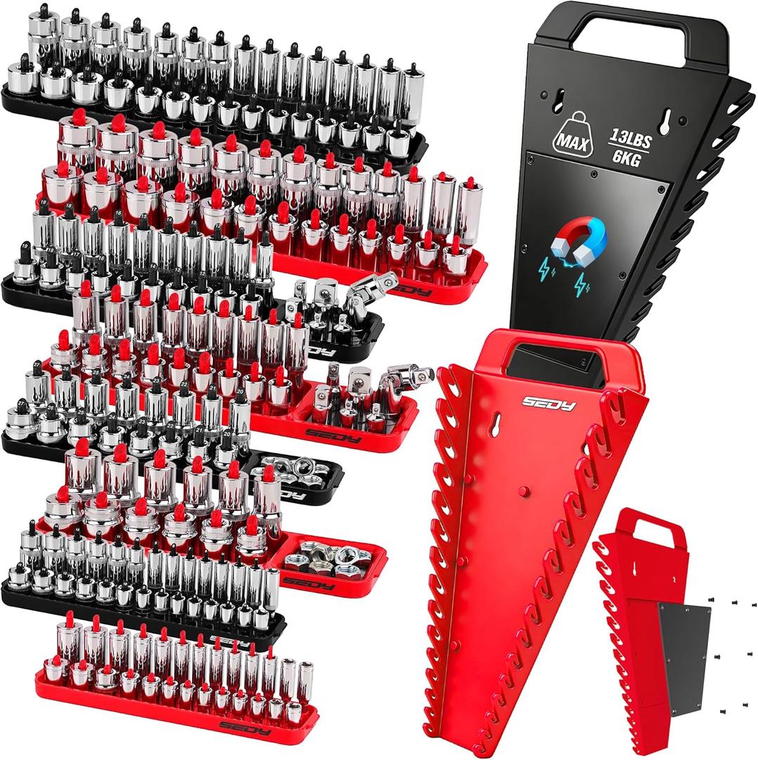 10-Piece Socket and Wrench Organizer Set, 8PC Socket Organizer Tray and 2PC 24-Slot Magnetic Wrench Organizer, for 1/4", 3/8", 1/2" Drive SAE and Metric, Toolbox Drawer Storage, Tools Not Included
