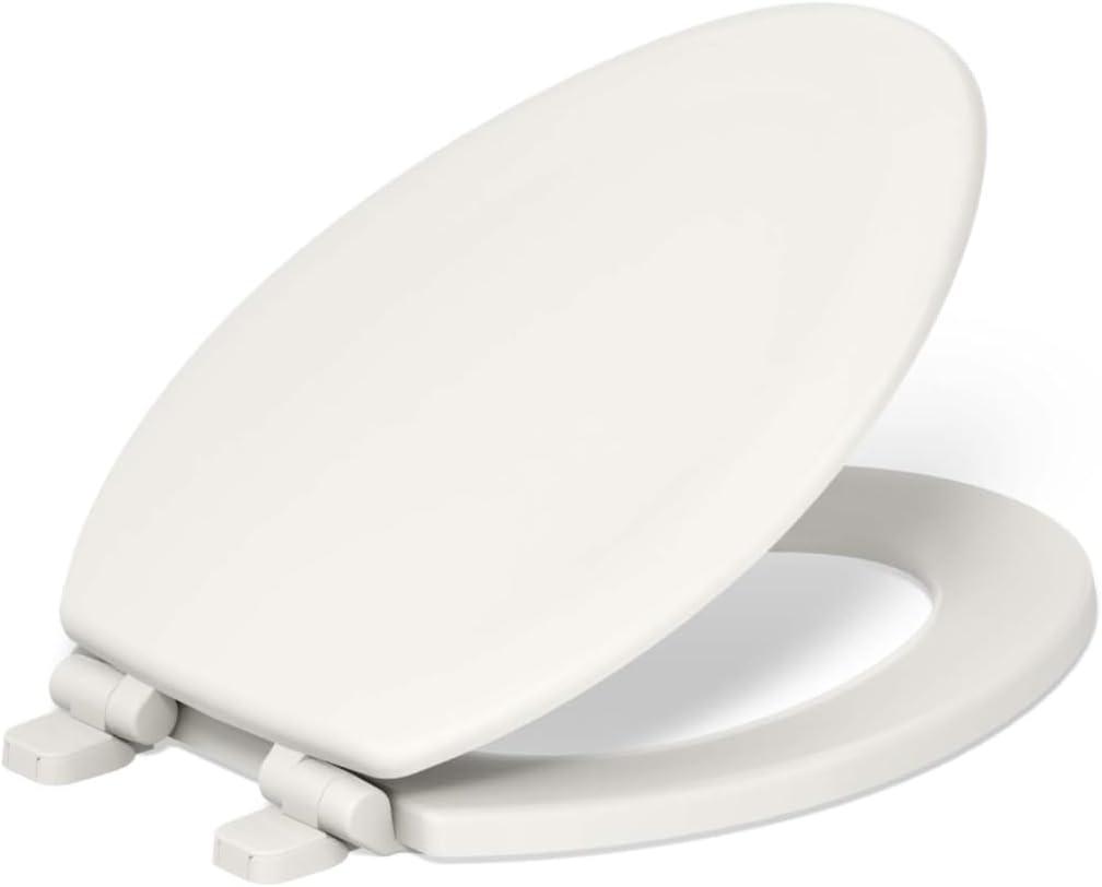 KOHLER Stonewood Quiet-Close Elongated Toilet Seat, Slow Close Design, Durable Wood, Easy Installation, Universal Fit, Biscuit, K-20466-96
