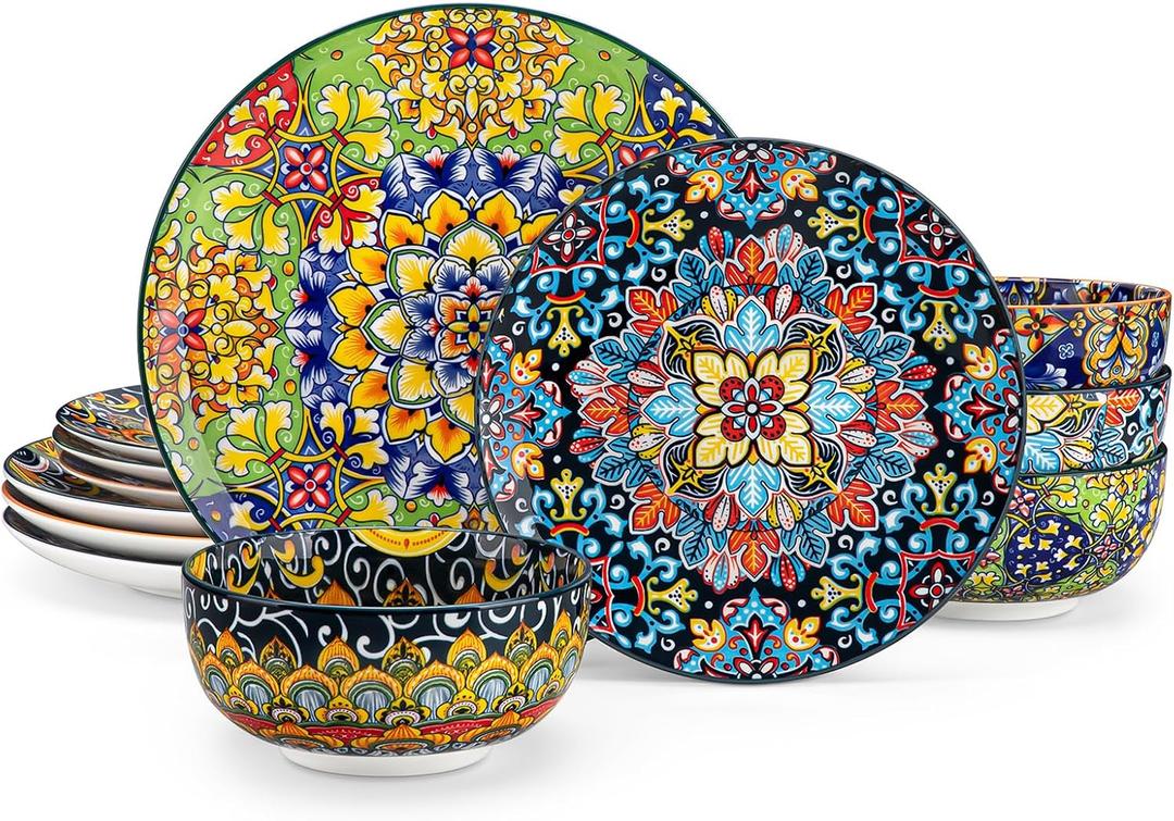 vancasso 12 Pieces Dinnerware Sets, Plates and Bowls Set, Porcelain Dishes Set for 4, Microwave and Dishwasher Safe, Scratch Resistant, Bohemian Style Dining Ware Service for 4, Series SIMI