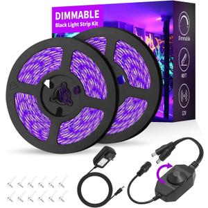 Dimmable Black Light Strip Kit 40ft/12M 720 LEDs, 12V Flexible Blacklight Fixtures, 385nm-400nm, Black Light LED Strips for Glow Party Fluorescent Poster Halloween Indoor Bedroom Decor, Non-Waterproof