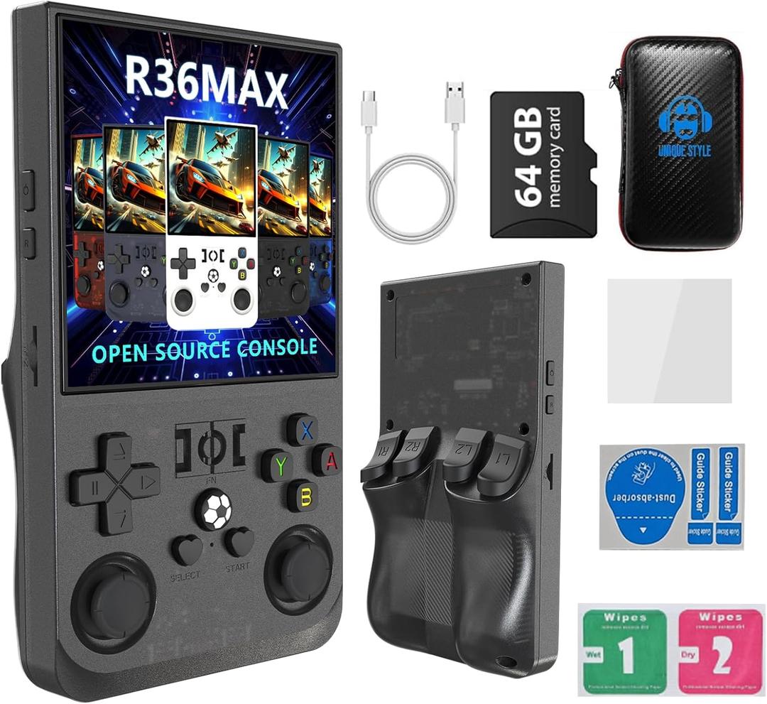 R36MAX 4000mAh Portable Rechargeable Handheld Retro Game Console,Comfort Non-Slip Handheld Standing Retro Game Console with 64G TF Car,4.0-inch Screen,for Office,Black