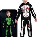 Kid Boy Girl Halloween Outfit Pumpkin/Skeleton Print Long Sleeve Hood Pullover Sweatshirt +Long Pants 2Pcs, Size: 5-6 Years