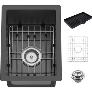 12x16In Black Kitchen And Bar Sink - Small Stainless Steel Undermount Single Bowl Drop In Kitchen&Bar Sink Ideal Choice For Small Space, Prep Area, RV With Bottom Grid,Soap Mat And Drain Assembly