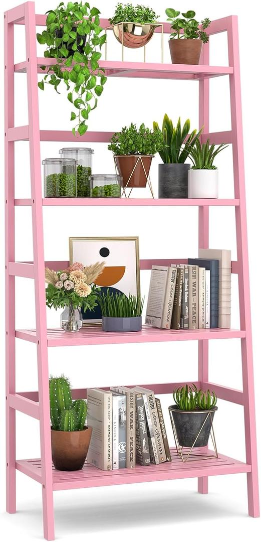 Homykic Pink Ladder Shelf, 4-Tier Bamboo Bookshelf & Bookcase Organizer
49.2” Freestanding Open Display Storage Shelves, Wooden Plant Stand Rack for Small Space, Bathroom, Living Room, Bedroom