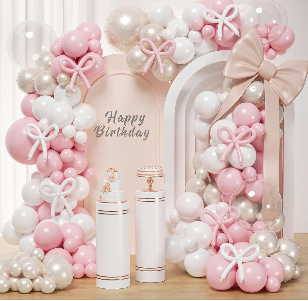 Pink Bow Balloons Arch Kit 147Pcs Coquette Birthday Decorations Pink and White balloon with Double-Stuffed Pearl White Sand Long BOBO Balloon for Girls Baby Shower Coquette Birthday Party Decorations