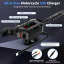 Motorcycle USB Charger, 3-in-1 Fast Charging with USB-A & USB-C + Retractable Type-C Cable, 12–24V Waterproof IP56, LED Voltmeter, Handlebar & Mirror Mount for Motorbike ATV