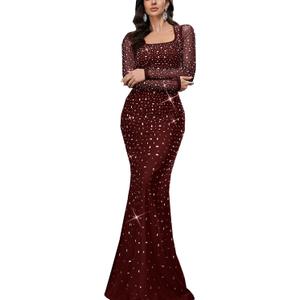 Women's Formal Evening Gown Elegant Rhinestone Long Prom Dress Wedding Guest Party Cocktail Bridesmaid Maxi Dress (#1 Burgundy, Small)
