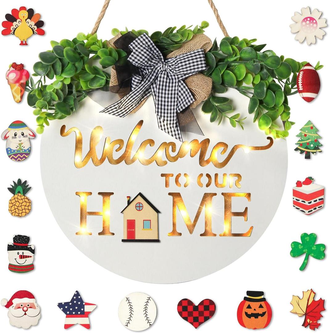 MIPON Welcome Sign for Front Door, Wall, or Porch Decor - Interchangeable Seasonal 17 Changeable Icons for All Seasons & Holidays (Spring, Summer, Fall, Winter, Easter, Christmas) - White