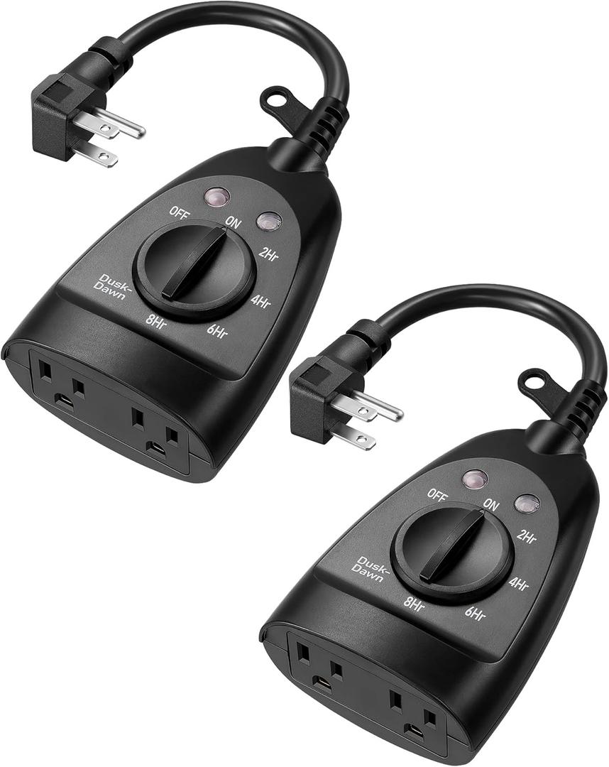 DEWENWILS Outdoor Timer Outlet Waterproof, Heavy Duty Outdoor Light Timer with Dusk to Dawn Sensor, 2 Grounded Outlets, 15A 125V 60Hz, for String Lights, 2 Pack, ETL Listed
