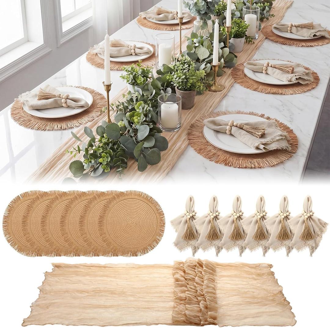 Frienda Set of 6 Boho Table Placemats Round Woven Place Mats Matching Linen Textured Napkins Wood Bead Napkin Rings and 1 Pcs Beige Table Runner for Home Farmhouse Kitchen Dining Natural Decor