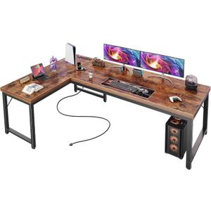 Huuger 63 Inch L Shaped Desk with Power Outlets and USB-C Port, 0.95 Inch Thicker Desktop, Reversible Computer Desk, Larger Office Corner Gaming Desk, Metal Frame, for Home Office, Study, Rustic Brown