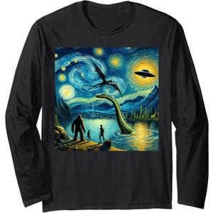 bigfoot starry night loch Ness alien UFO dragon cute lake Long Sleeve T-Shirt (Small, Black)