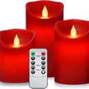 Flameless Battery Operated Flickering Candles:3PACK Red Real Wax Pillar Candle,Electric LED Candle with 10-Key Remote Control and 24 Hours Timer for Home Decoration Holiday Party