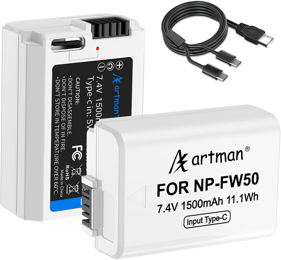 Artman NP-FW50 Replacement Battery 2-Pack 1500mAh with Upgraded Type-C Charging for Sony ZV-E10, A7S II, A7S, A7R II, A7R, A7 II, A7, Alpha A6500 A6400 A6300 A6000 A5100 A5000, RX10 II III IV Cameras