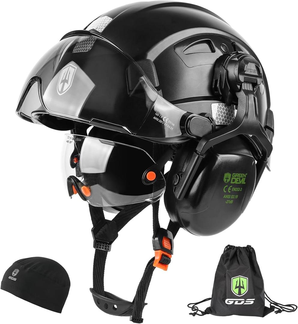 GREEN DEVIL Hard Hat Safety Helmet with Visor and Ear Muffs Men Women Vented Work Hardhat ANSI Z89.1 Cascos De Construccion for Industrial Construction Forestry, One Size Fits Most