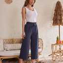 Womens Linen Wide Leg Pants High Waisted Drawstring Loose Pants with Pocket (Blue, S)