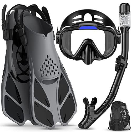 Ubekezele Snorkeling Gear for Adults Men Women,4 in 1 Snorkel Set with Panoramic View Diving Mask Anti-Fog Anti-Leak,Dry Top Snorkel,Fins and Travel Bag for Swimming,Snorkeling and Travel Diving, Size ML/XL 9-13