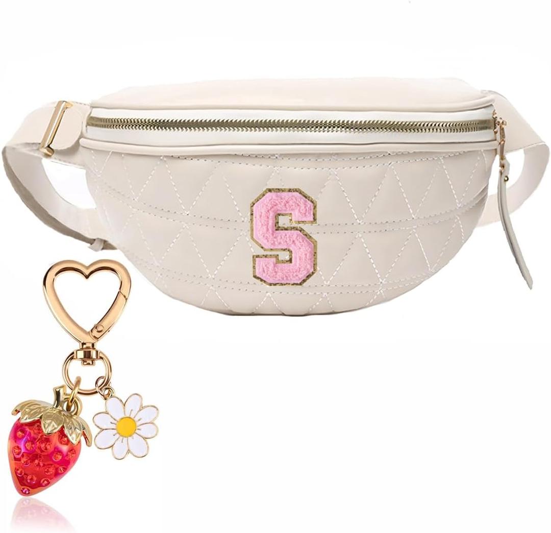 Initial Fanny Pack for Women Fashion Beige Leather Belt Bag Crossbody Waist Purse Cross Body Bumbag with Cute Strawberry Keychain Charm Gift(Beige Belt Bag for S)