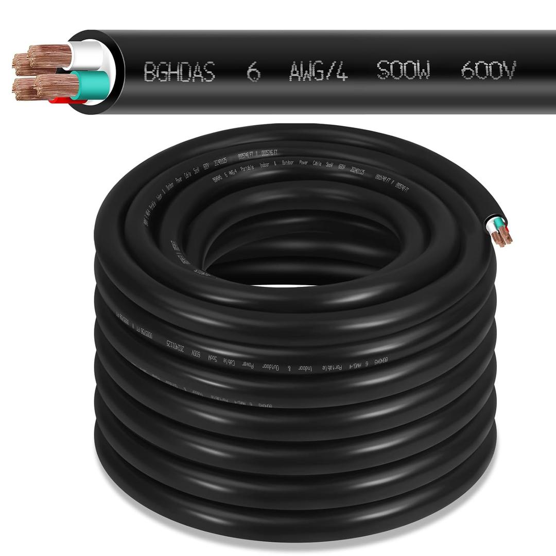 50ft 6/4 6 AWG Portable Power Cable (4 Conductor) - SOOW 600V 6 Gauge Electric Wire for Generator, Portable Lights, RV/EV Car Battery Chargers and Machinery - 50 Feet Electrical Cord