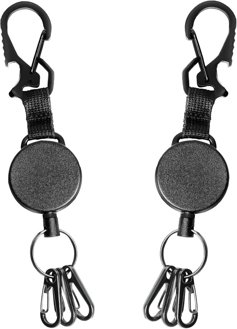DELSWIN Retractable Keychain Heavy Duty - Retractable Key Holder Key Ring with Carabiner, ID Badge Clip Reel with Steel Cord, Clasps for Janitor Office Work, Bearing 8.0 oz (Pack of 2) (Black)