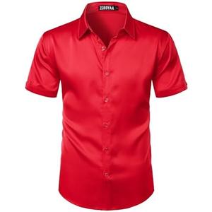 ZEROYAA Men's Hipster Shiny Silk Satin Shirt Regular Fit Short Sleeve Casual Button Down Dress Shirts for Summer Party Medium