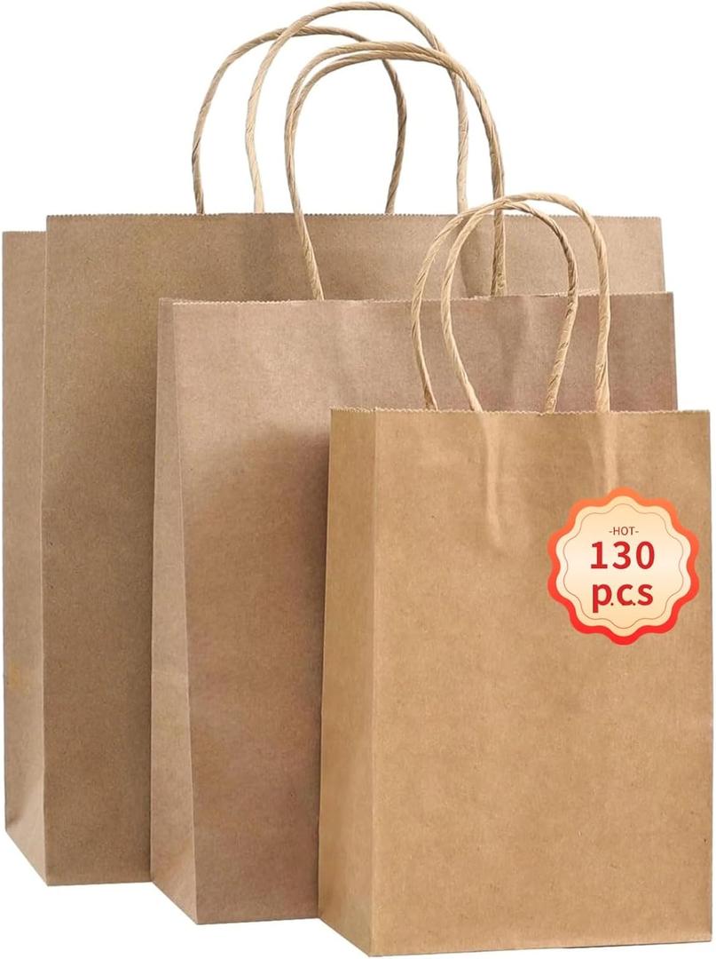 PAICUIKE 130pc Brown Paper Bags with Handles Bulk Brown Gift Bags - Assorted Sizes for Party, Retail & Business Use, Birthday, Weding, Baby Shower