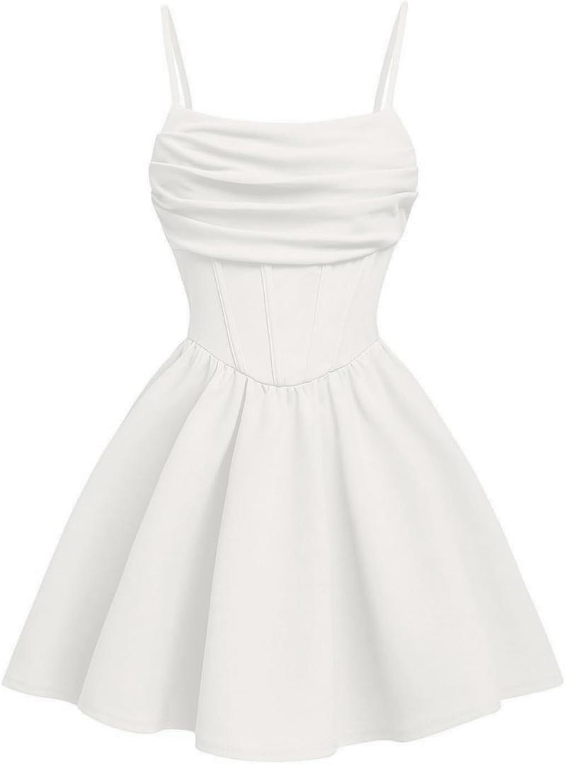 OYOANGLE Girl's Spaghetti Strap Ruched Ruffle Hem Sleeveless Summer Flowy Short Dresses (White, 11Y)