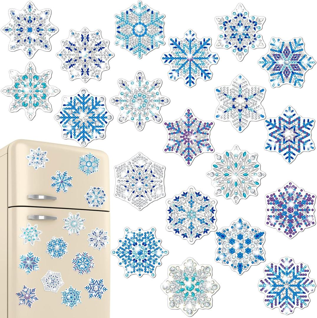 Copkim 20 Pcs Winter Christmas Diamond Art Magnets Winter Fridge Magnet Diamond Painting Snowflake 5D DIY Art Decals Craft for Xmas Ornaments Family Decor