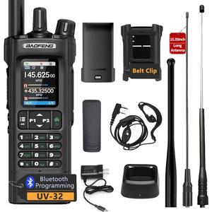 BAOFENG UV-32 10W High Power Long Range Walkie Talkie Bluetooth Programming Multi Band Rechargeable GPS Type-C Two Way Ham Radio with Belt Clip 771 and Telescopic Antenna for Family Trip Hiking Black