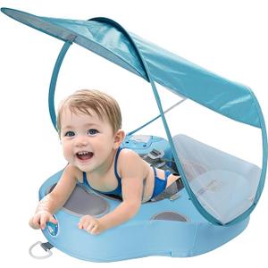 Baby Swim Float with UV Protection Sunshade Infant Pool Float Add Tail for 3-24 Months (Blue)