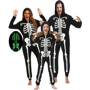 Veseacky Matching Family Pajamas Sets Skeleton Glow in Dark Jumpsuit Halloween Hooded One-Piece Zipper PJS Family Jammies (Large, Style A_black-men)