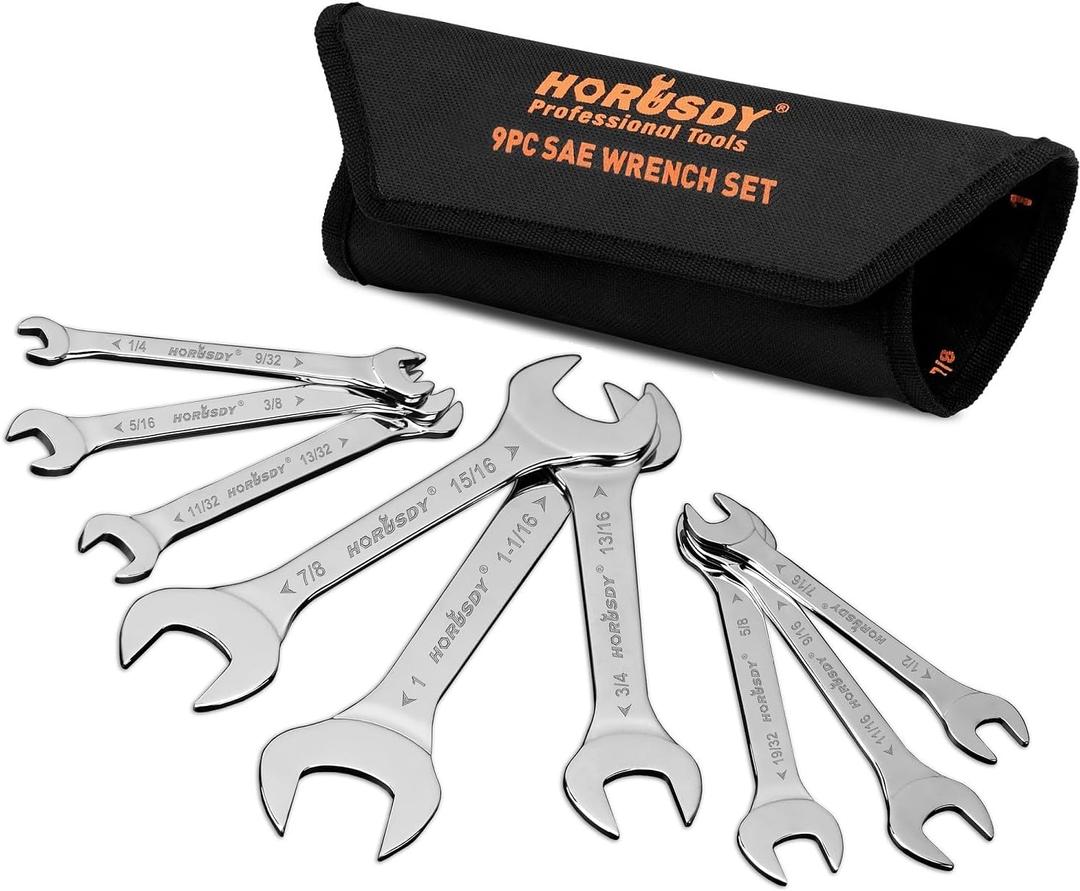 HORUSDY Thin Wrenches Set | SAE | 9-Piece | Including 1/4" - 1" | Bike Wrench Set | Thin Open End Wrench Set with Rolling Pouch HORUSDY Thin Wrenches Set | SAE | 9-Piece | Including 1/4" - 1" | Bike Wrench Set | Thin Open End Wrench Set with Rolling Pouch
