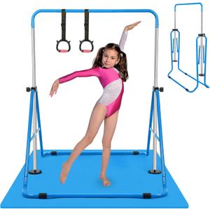 Gymnastics Bar for Kids, Adjustable Height Gymnastic Horizontal Bars, Folding Expandable Gymnastics Equipment Junior Training Kip Bar for Home (Blue+Mat)