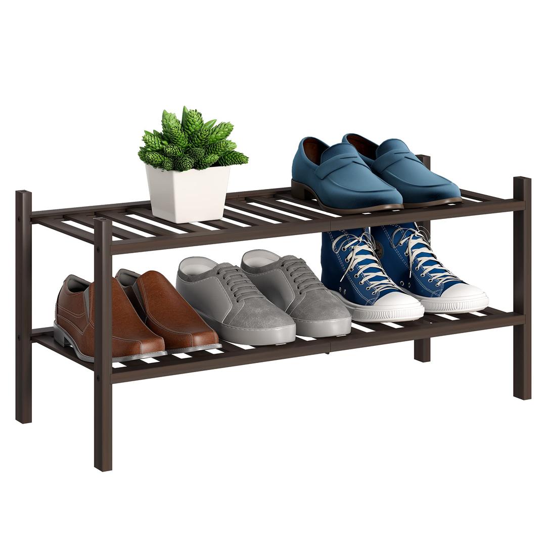 BMOSU 2-Tier Bamboo Shoe Rack Premium Stackable Shoe Shelf Storage Organizer for Hallway Closet Living Room Entryway Organizer (Brown Bamboo)