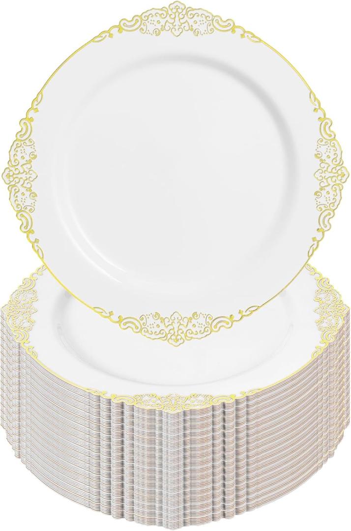Goodluck 100PCS White and Gold Plastic Plates  10.25 Heavy Duty Disposable Dinner Plates & Party Plates for Weddings, Parties, Events  Elegant, Sturdy