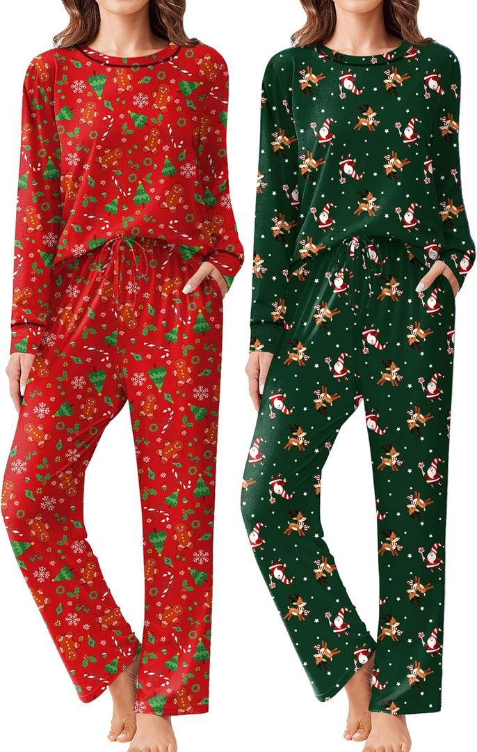 Ekouaer 2 Pack Women Pajama Long Sleeve Sleepwear Soft Loungewear Pjs Sets with Pockets Red Gingerbread Man/Green Santa Medium