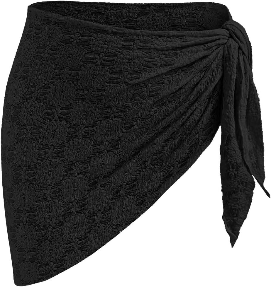 ZAFUL Sarong Coverups for Women Beach Vacation Fishnet See Thru Tie Side Bathing Suit Cover Up Mini Skirt (Black)