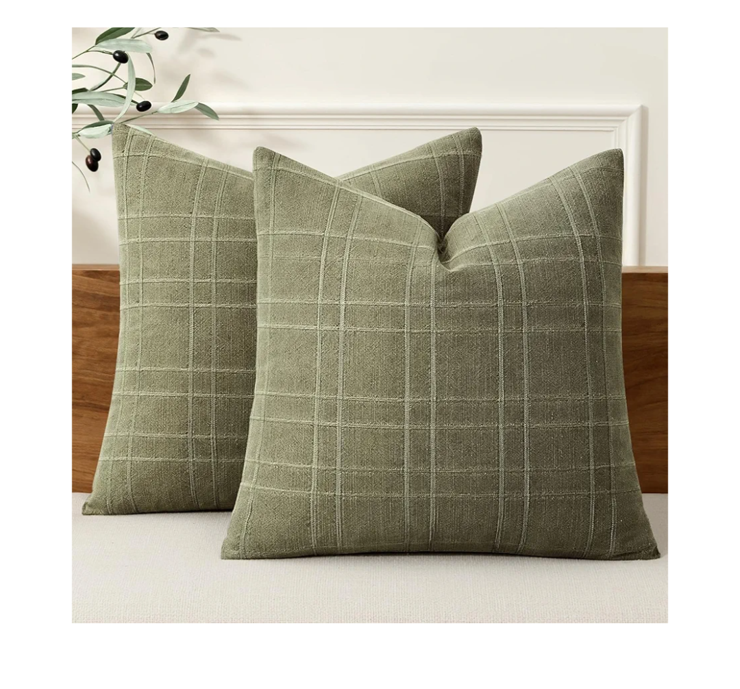 MIULEE Decorative Linen Check Throw Pillow Covers Neutral Farmhouse Vintage Spring Pillow Covers 18x18 Set of 2 Boho Modern Home Decor for Sofa Couch Bedroom Cushion Dark Olive Green