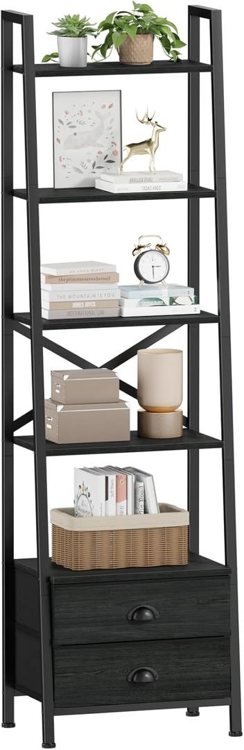 Furologee 5-Tier Ladder Shelf with 2 Drawers,Narrow Bookshelf Storage Shelves,Industrial Bookcase Freestanding Rack Units for Bedroom,Living Room,Bathroom,Home Office,Balcony,Wood Metal, Black Oak (5-Tier, Black Oak)