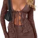 CSDAJIO 2 Piece Outfits for Women Floral Lace Open Front Tie Up Long Sleeve Crop Top Blouse Shirt and Mini Skirt Set (Small, Sienna)