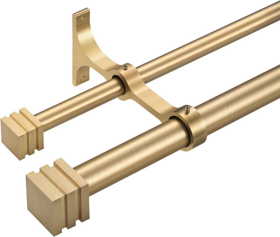 Double Curtain Rods with Aluminum Full Surround Brackets and Cube Box Finials,Warm Gold Curtain Rods for Windows 36 to 72 inch,1'' Front and 5/8''Back Adjustable Double Drapery Rods
