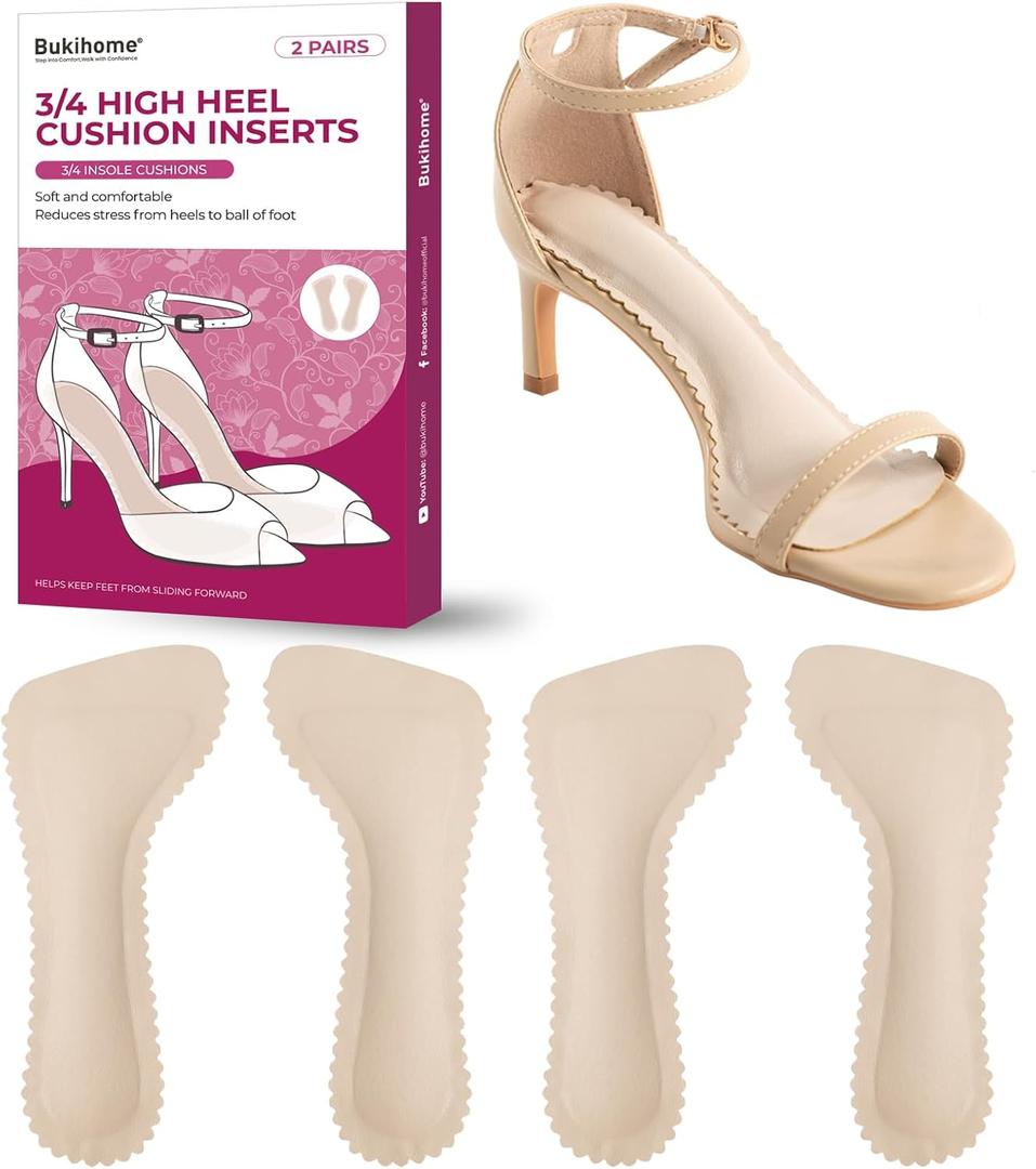 High Heel Cushion Inserts for Women - Bukihome 3/4 Invisible Insoles Prevent Feet from Sliding Forward - Shock & Sweat Absorption - Comfort Shoe Pads for High Heels Sandals Flats,Size M (Beige)