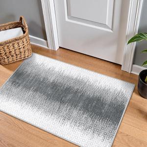 Lahome Abstract Entry Rug 2x3 Washable Rug,Ultra-Thin Kitchen Rugs Non Slip,Moroccan High Traffic Throw Gray Bathroom Rugs Rubber Backing Low-Profile Door Mat Indoor Entrance (Grey-1)