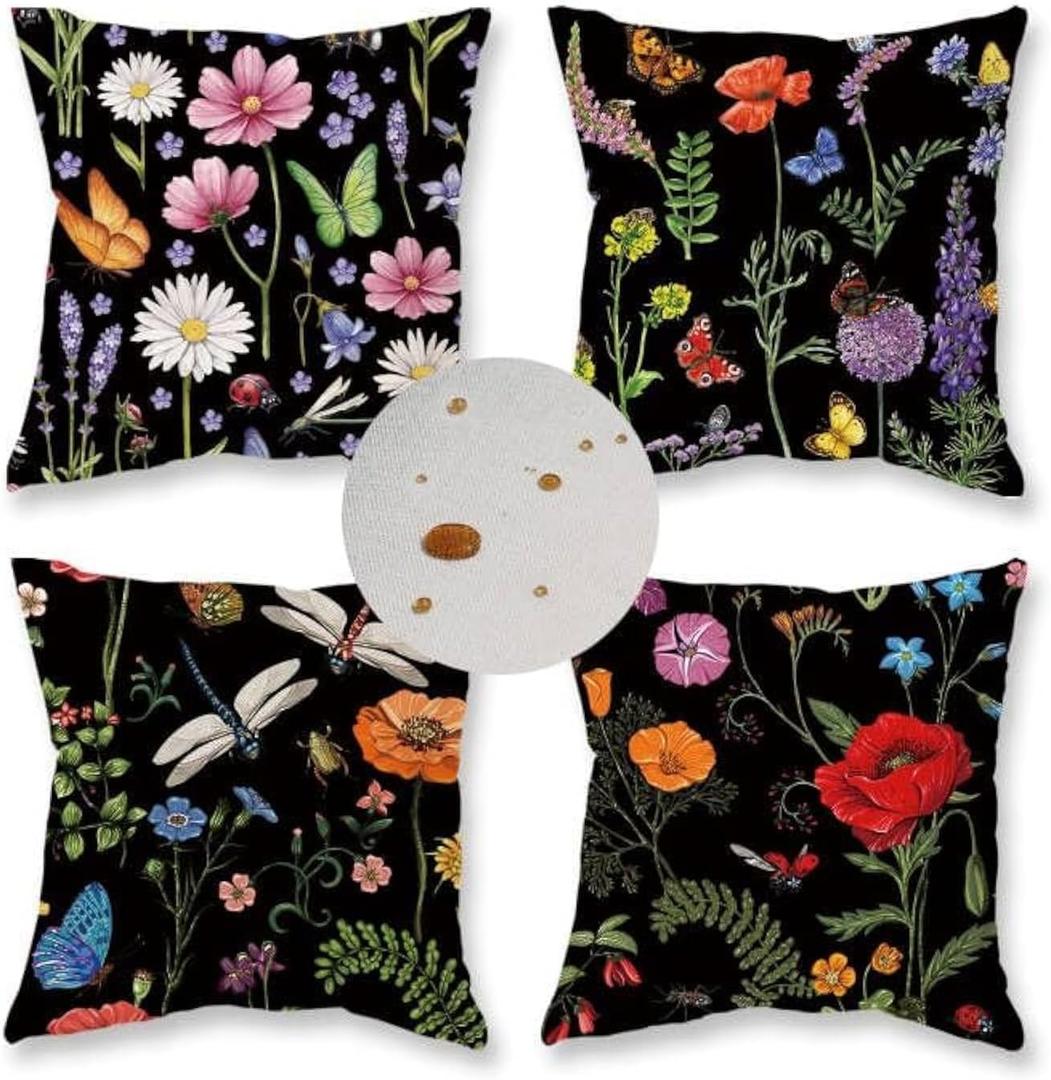 ONWAY Outdoor Waterproof Spring Summer Pillow Covers 16x16 Inch Set of 4 Floral Farmhouse Throw Pillows Decorative Cushion Cases for Outdoor Couch Sofa Patio Furniture Home Decoration Black