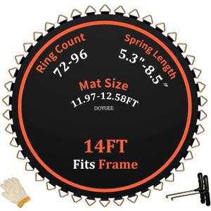 Trampoline Mat ReplacementFits 14ft Frame, with72/80/84/88/96 Rings for Choose,Fits 5.3"-8.5" Springs, Trampoline Mat Diameter 11.97ft-12.56ftSpring and Frame not Included