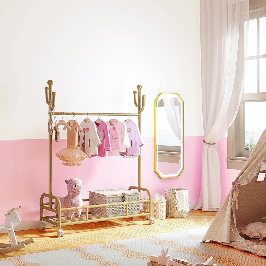 Bestier Kids Dress Up Rack, Adjustable Height for Kids Clothes, Metal Rack with Wheels and Bottom Storage Shelf, Gold